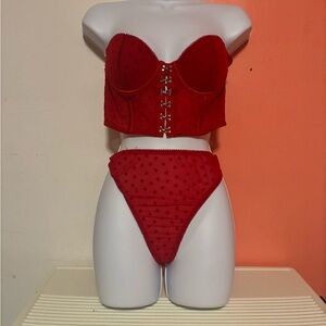 Fashion Nova Red Heart Mesh Bustier & High-Cut Panty Set